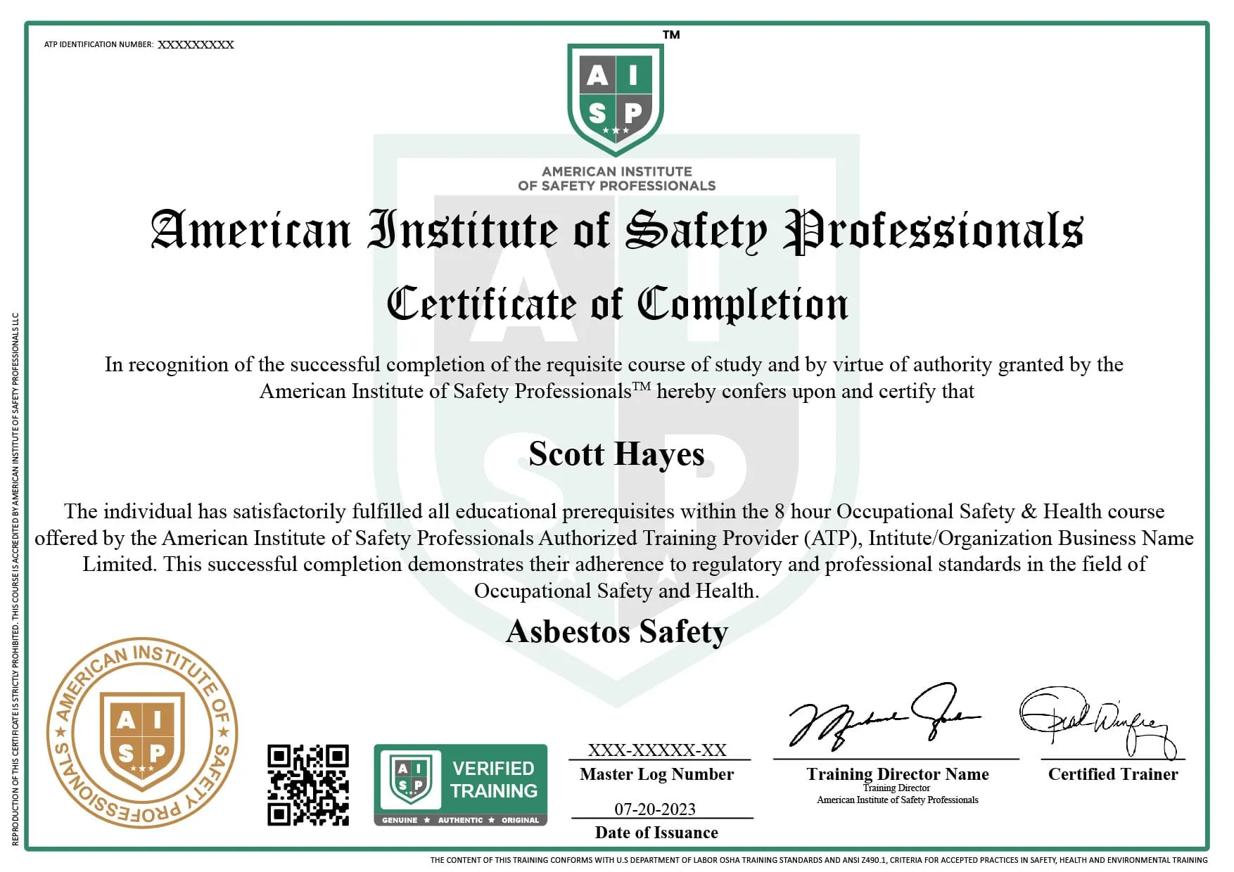 Course certificate sample