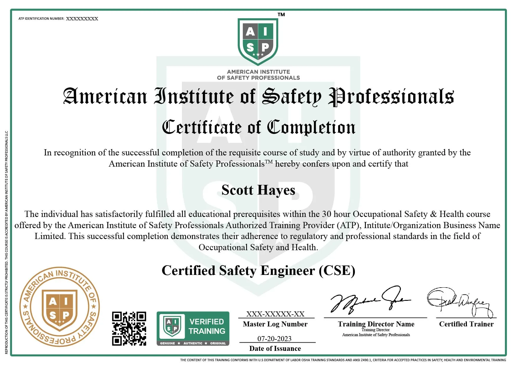 Course certificate sample