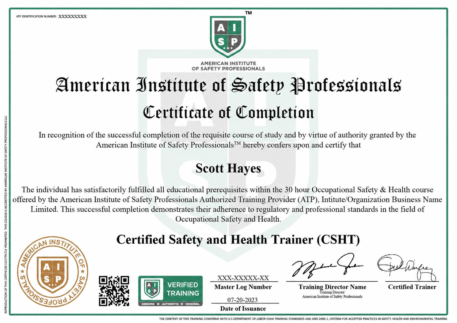 Course certificate sample