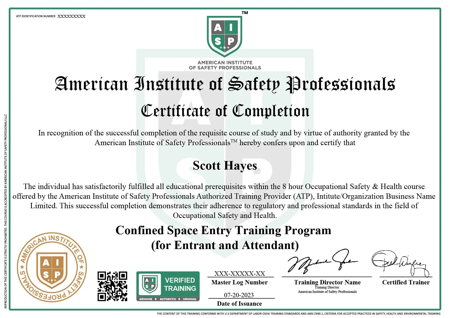 Course certificate sample
