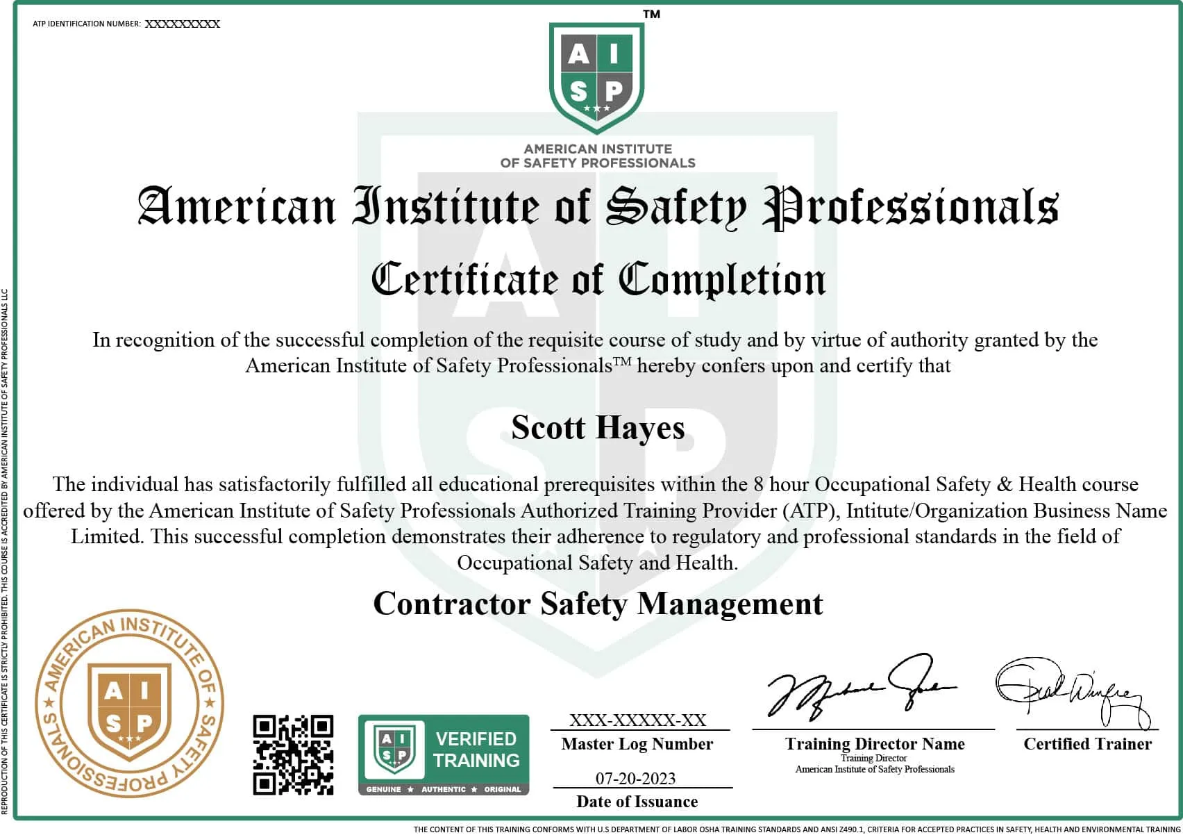 Course certificate sample