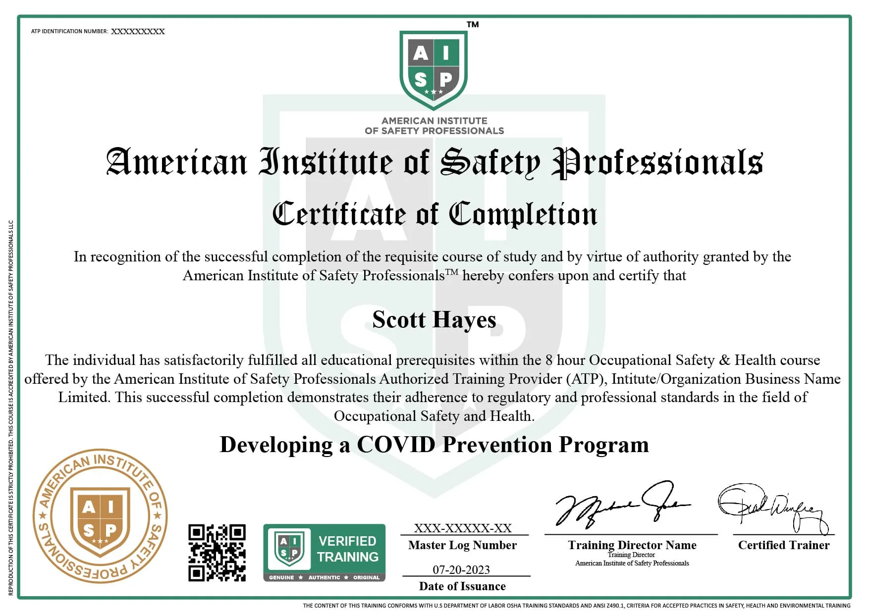 Course certificate sample