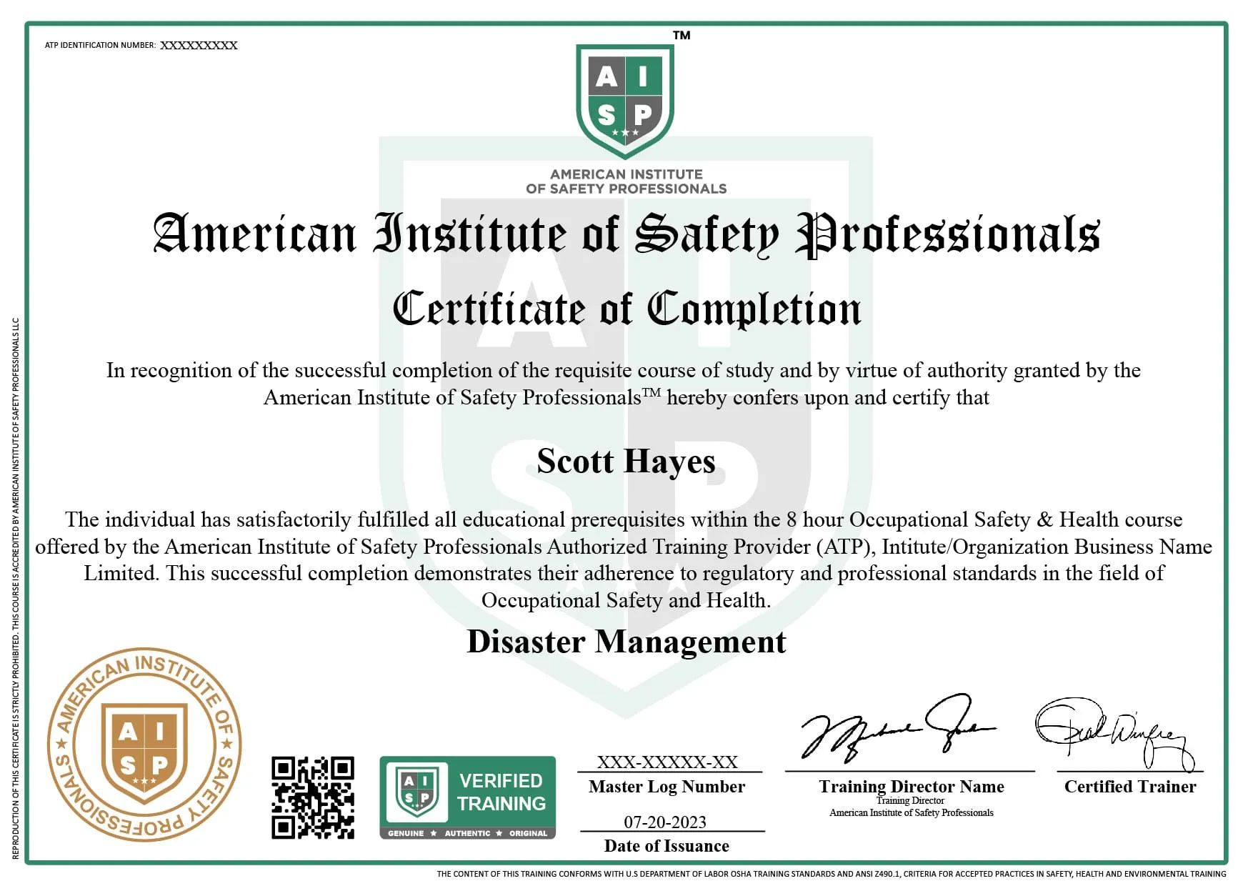 Course certificate sample