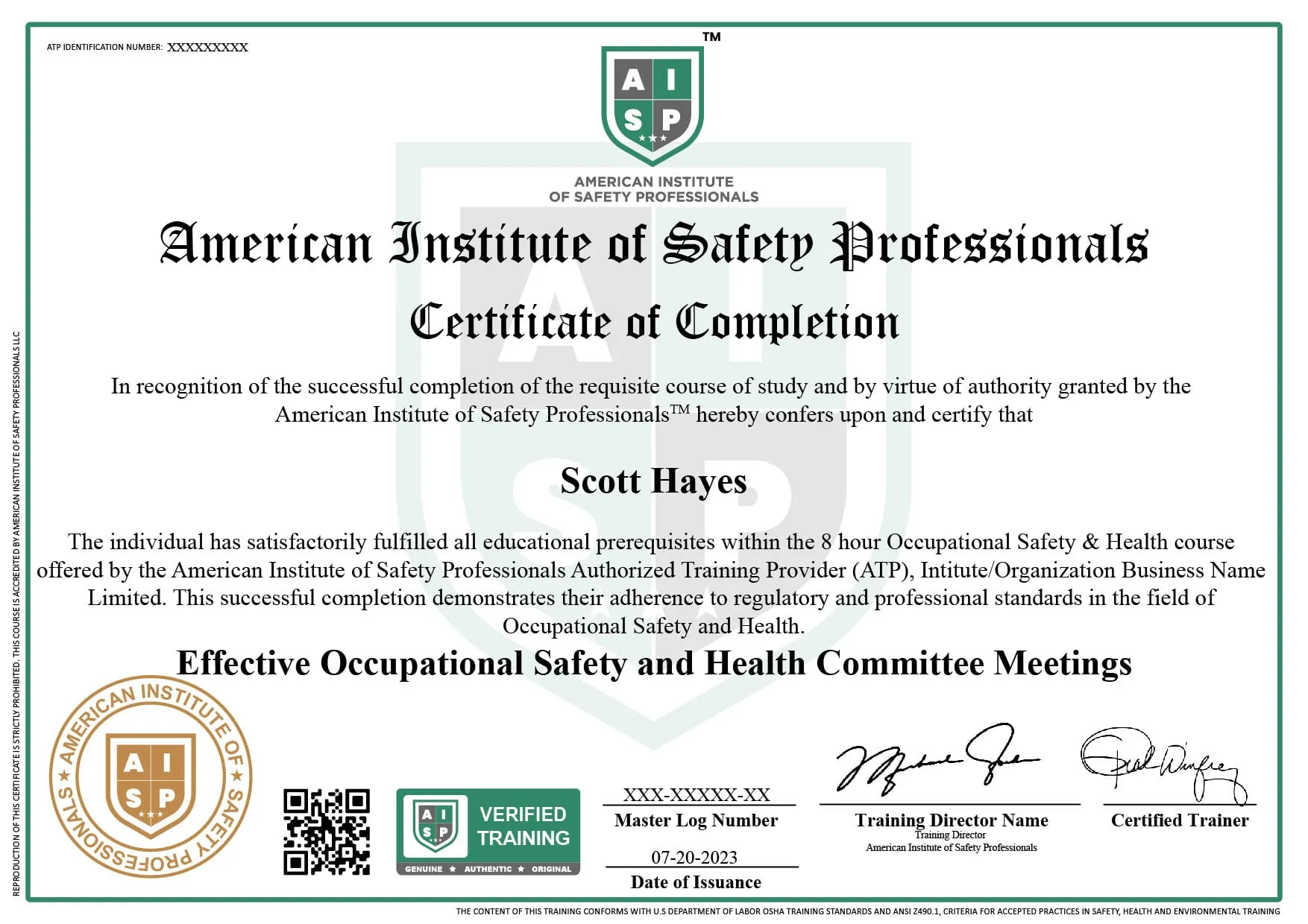 Course certificate sample