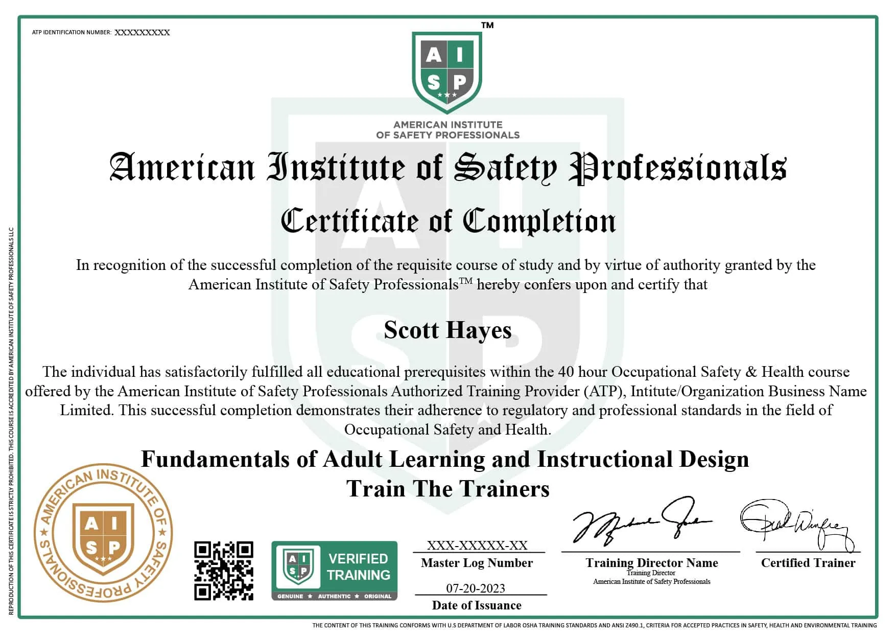 Course certificate sample