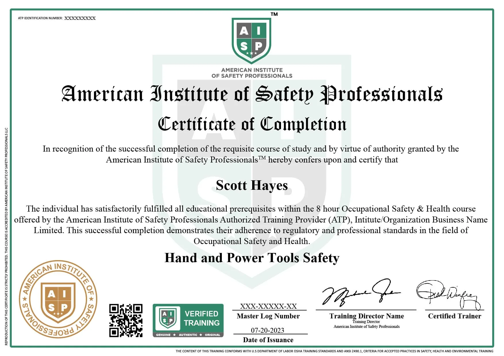 Course certificate sample