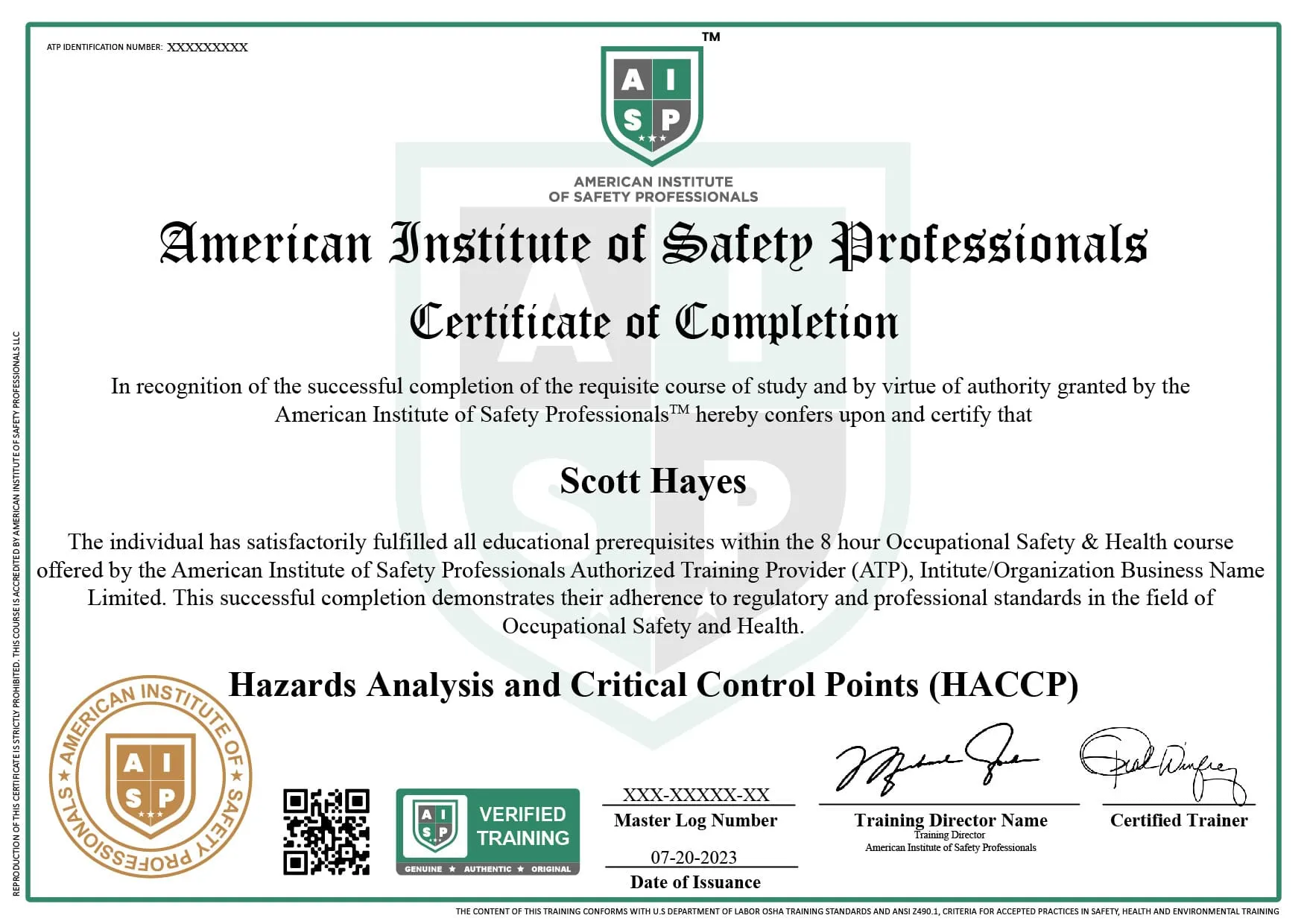 Course certificate sample