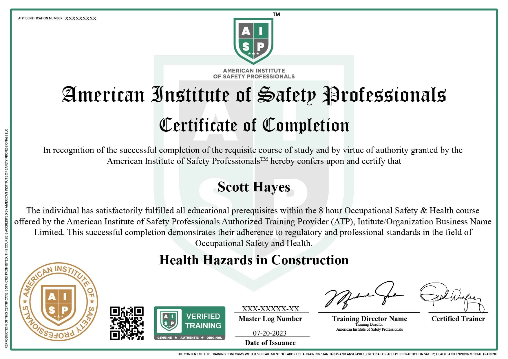 Course certificate sample