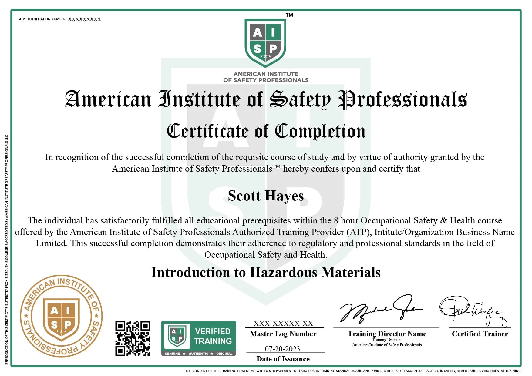 Course certificate sample