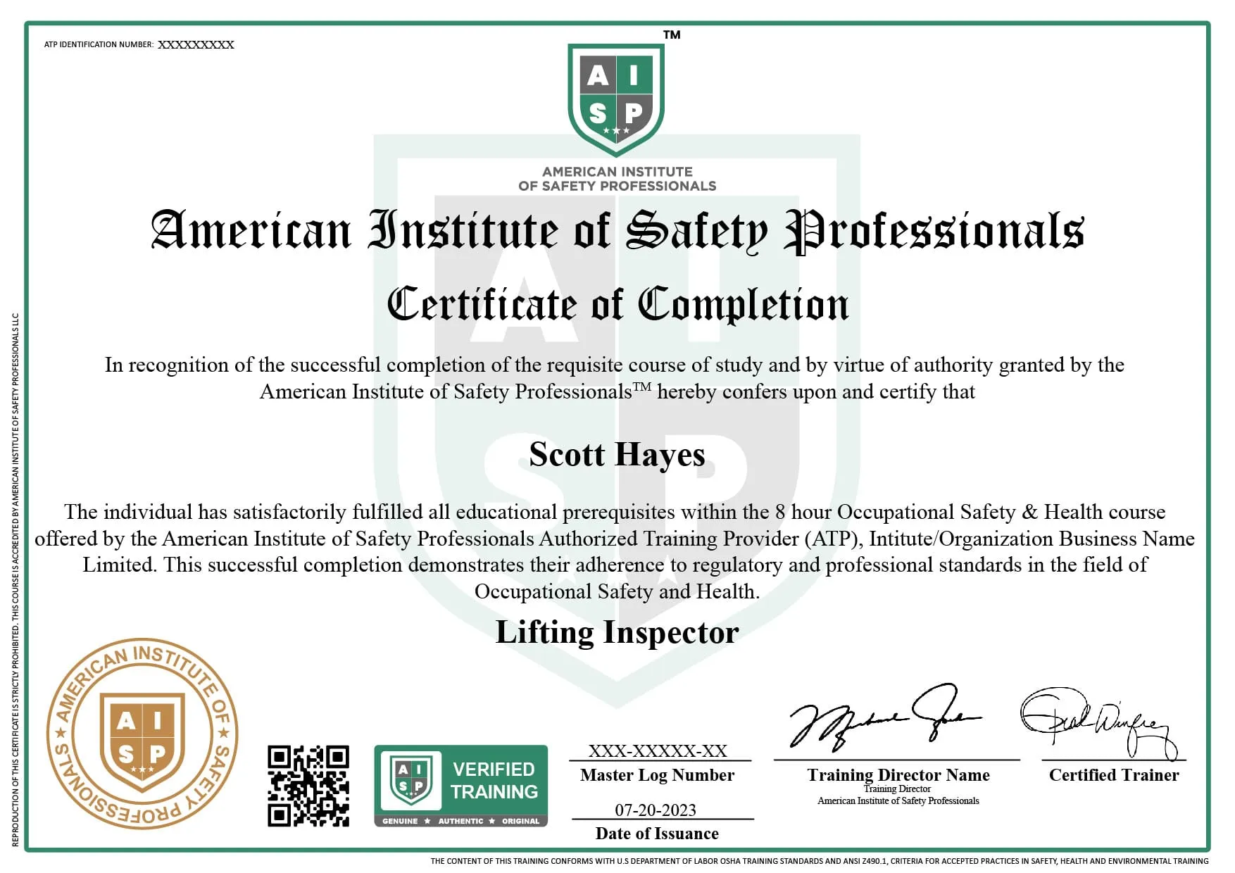 Course certificate sample