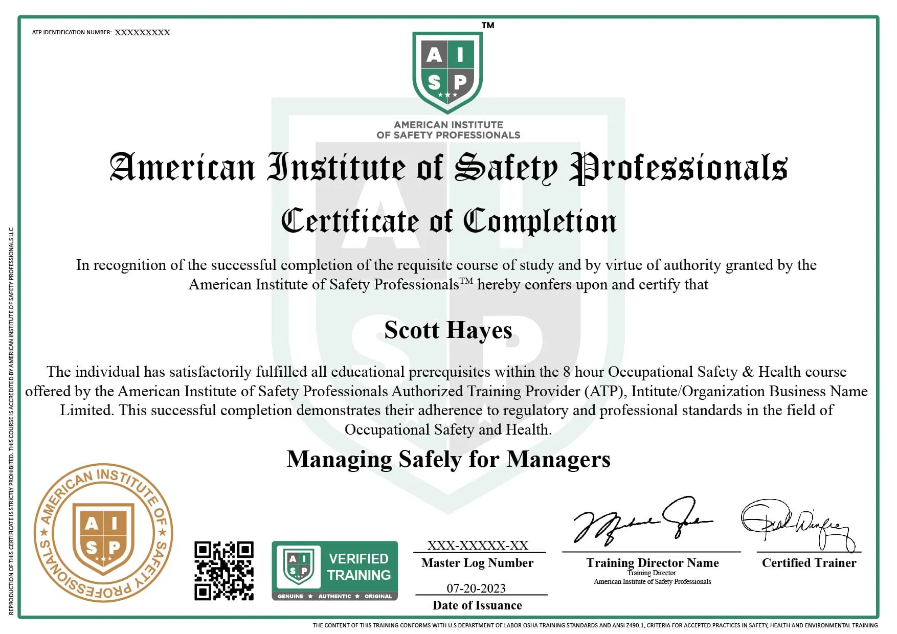 Course certificate sample