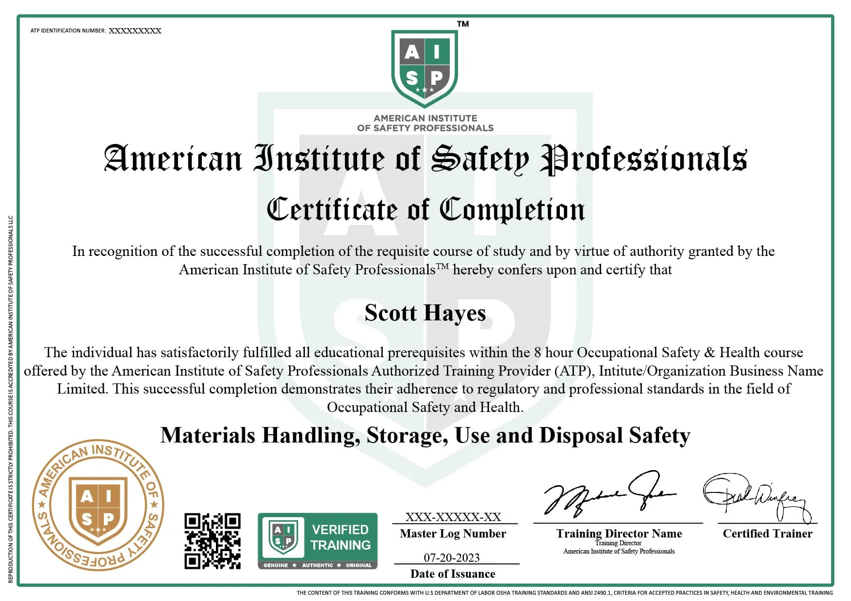Course certificate sample