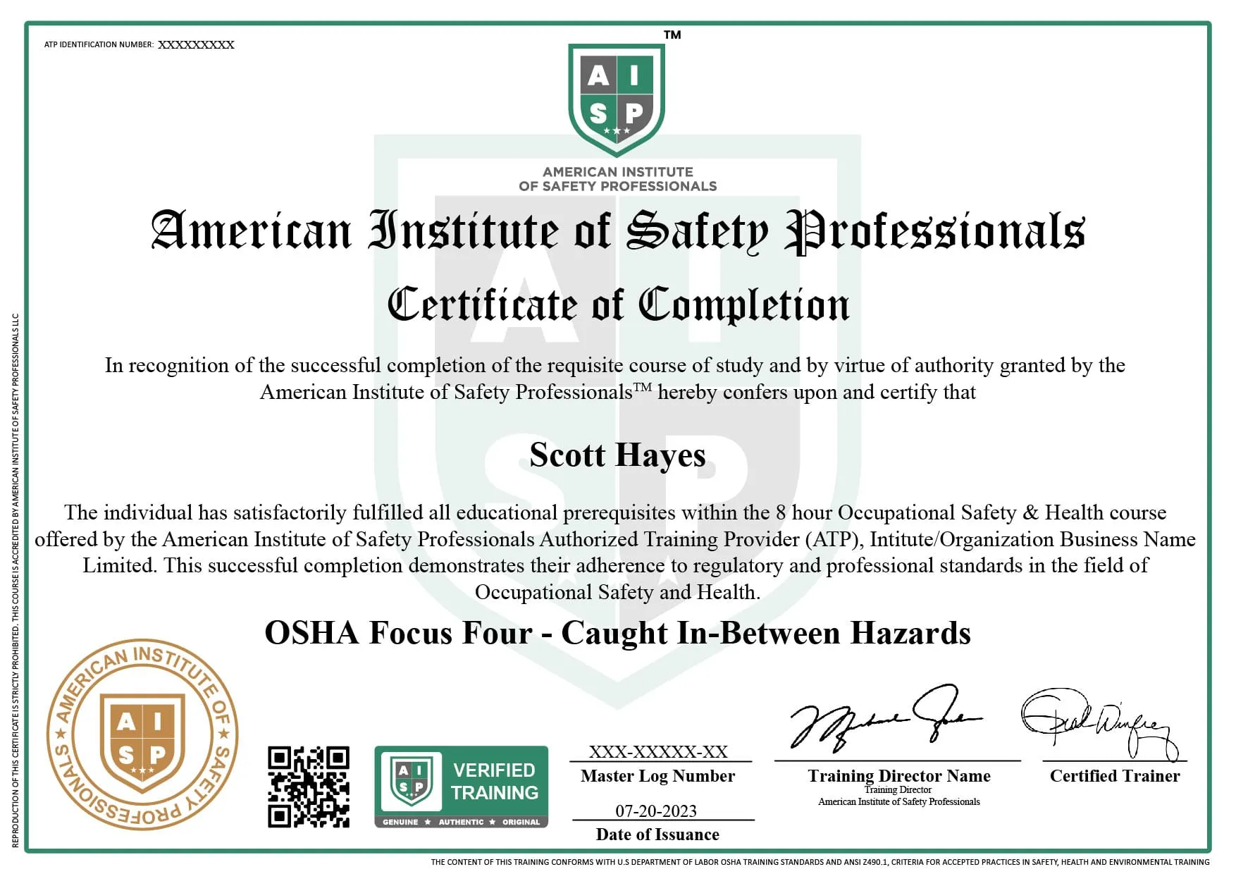 Course certificate sample