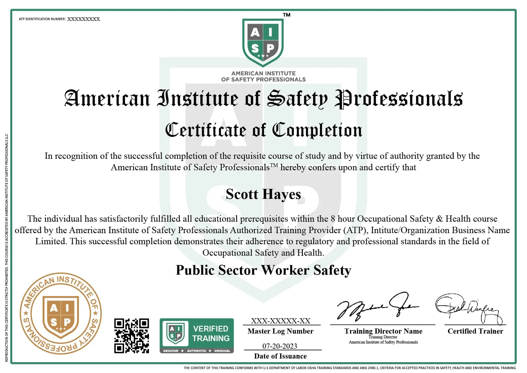 Course certificate sample
