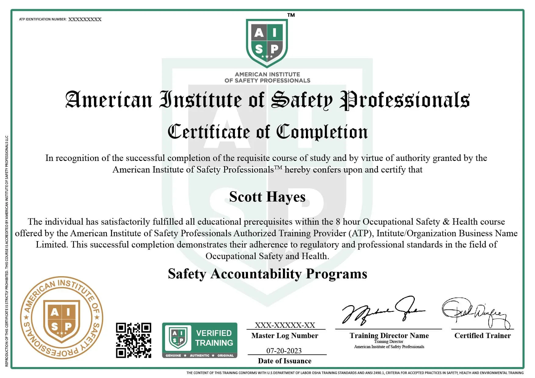 Course certificate sample