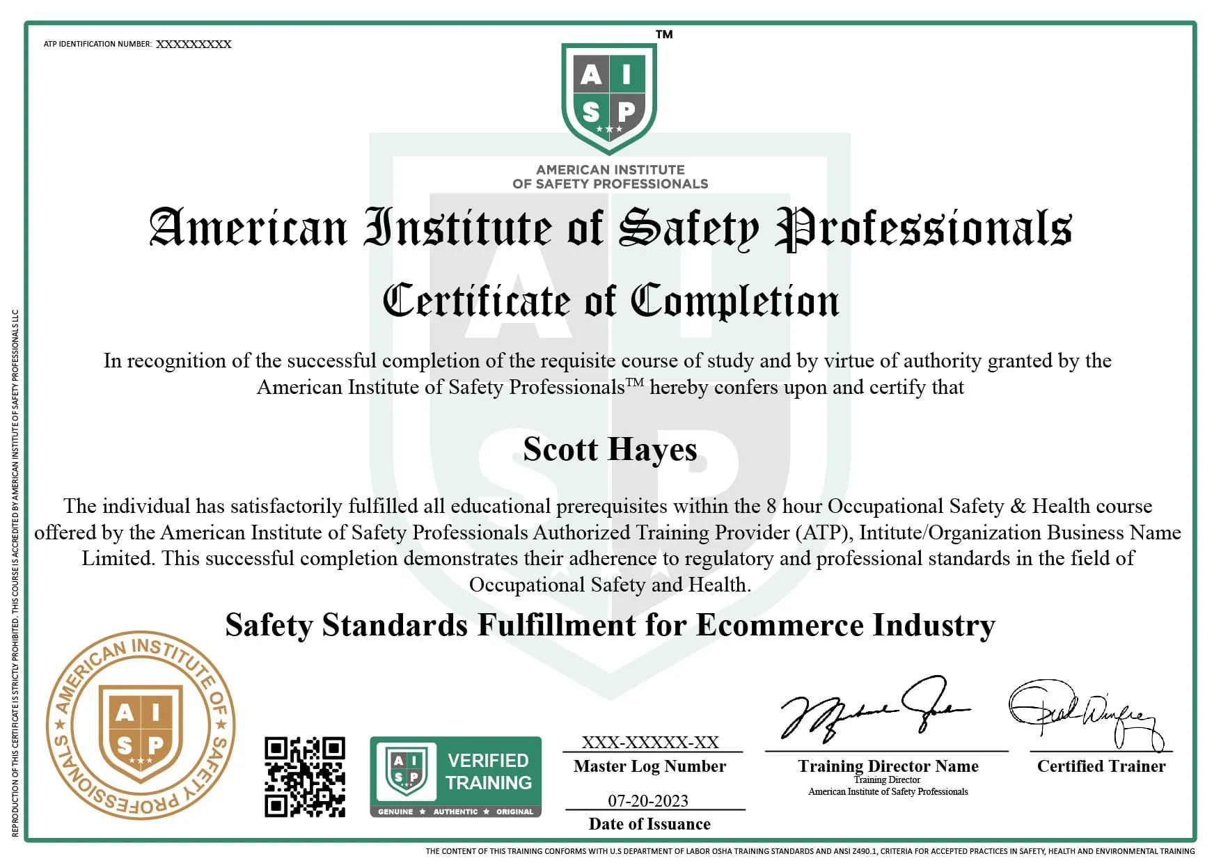 Course certificate sample