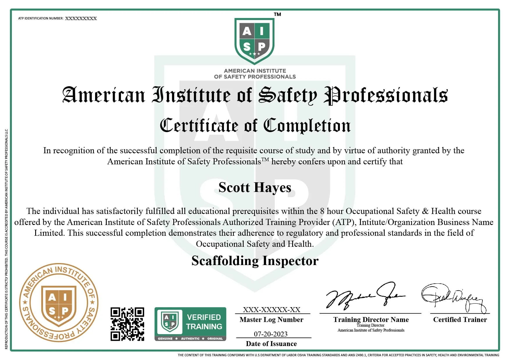 Course certificate sample