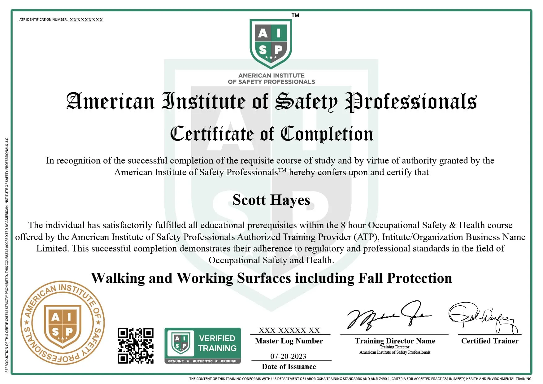 Course certificate sample