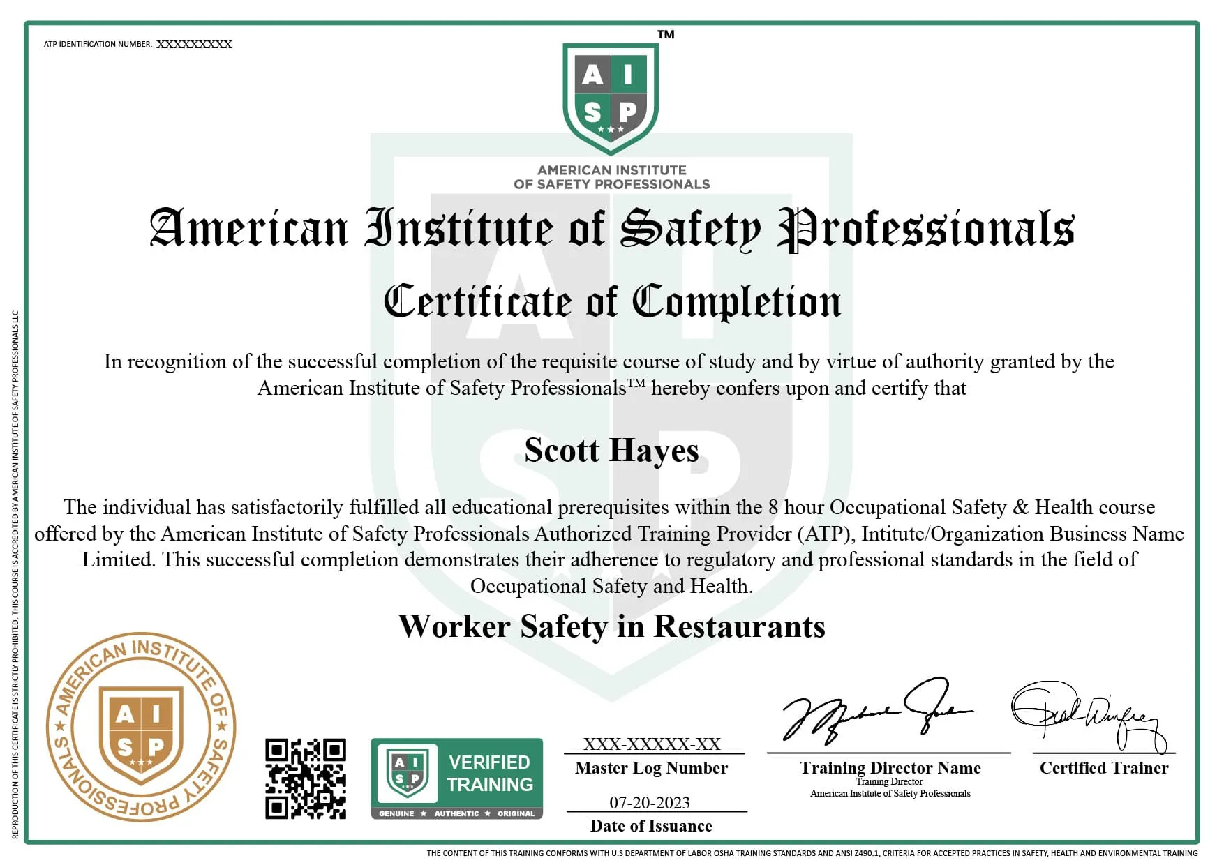 Course certificate sample