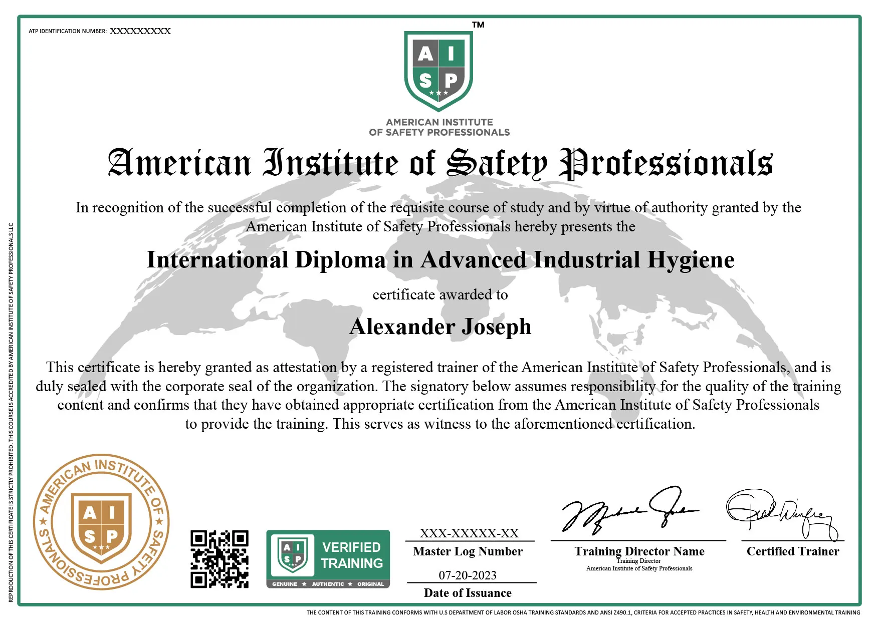Course certificate sample