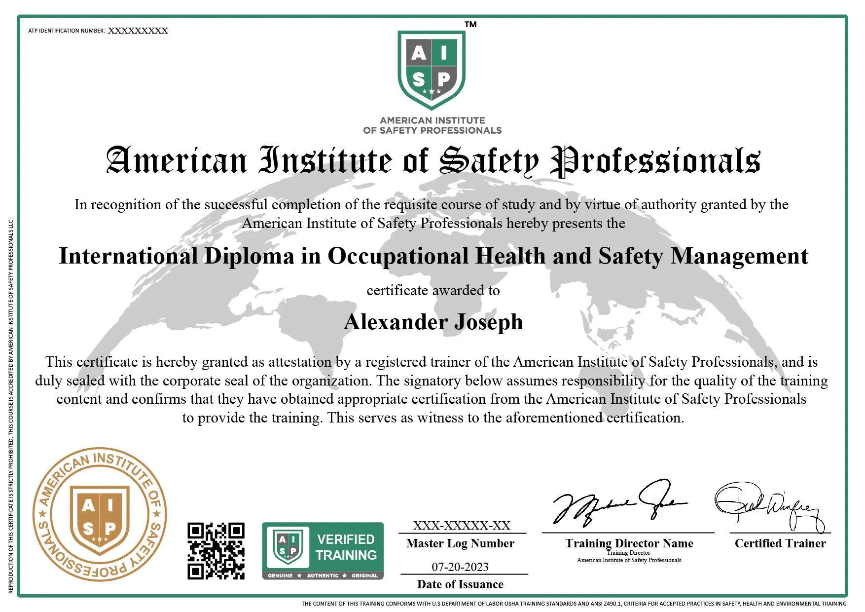 Course certificate sample