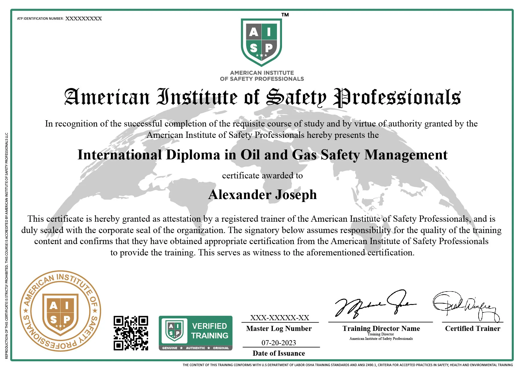 Course certificate sample