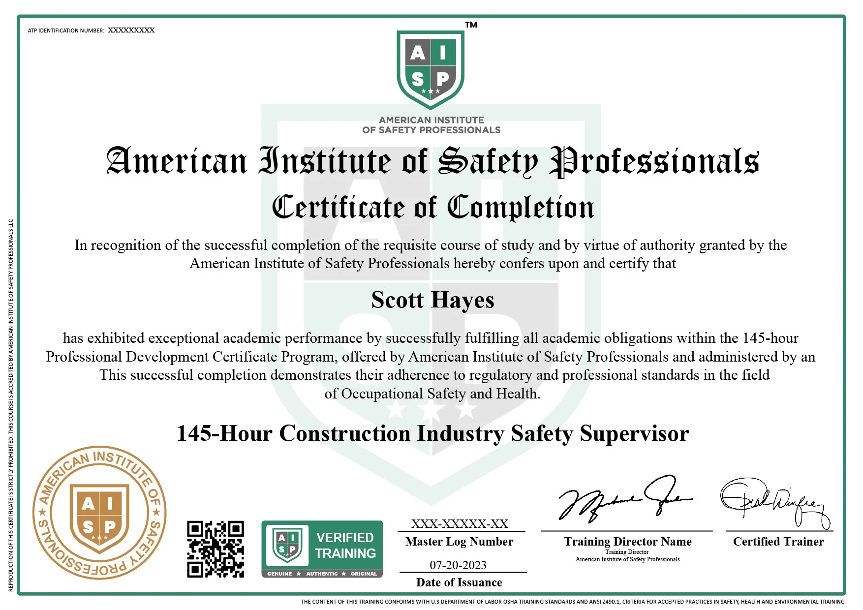 Course certificate sample