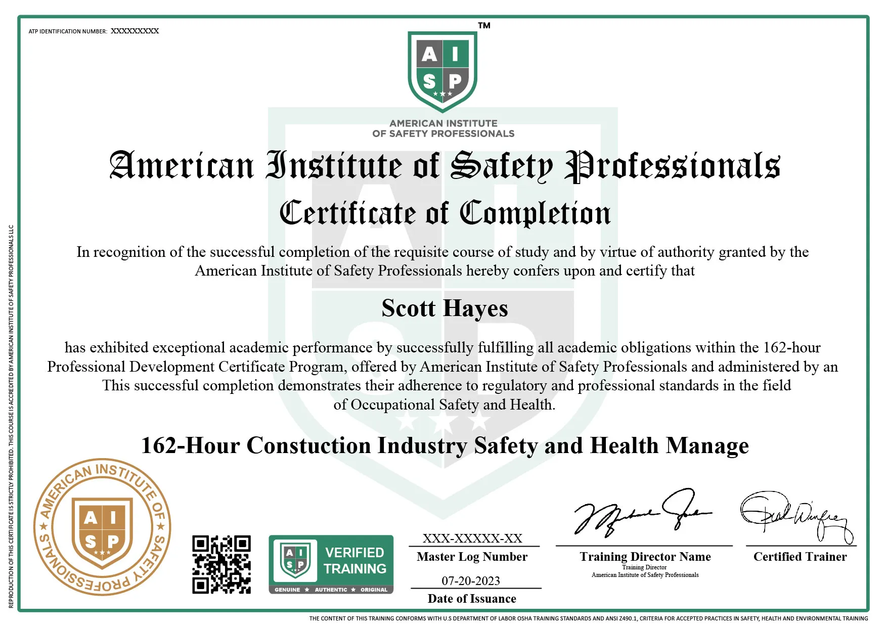 Course certificate sample
