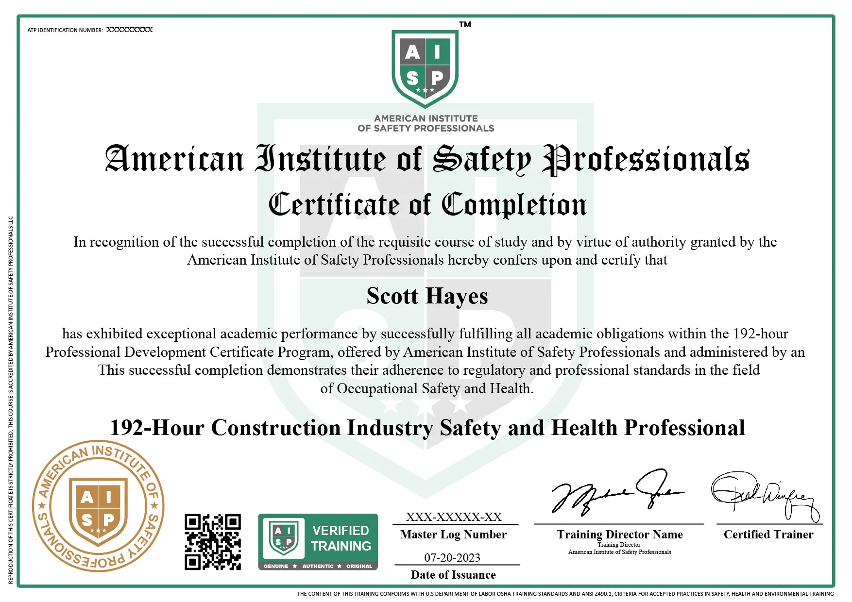 Course certificate sample