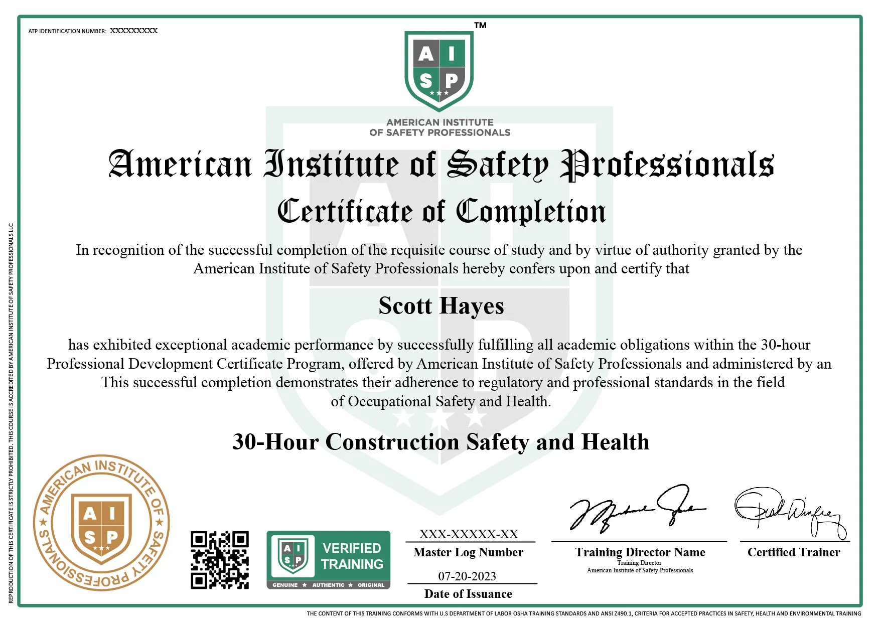 Course certificate sample