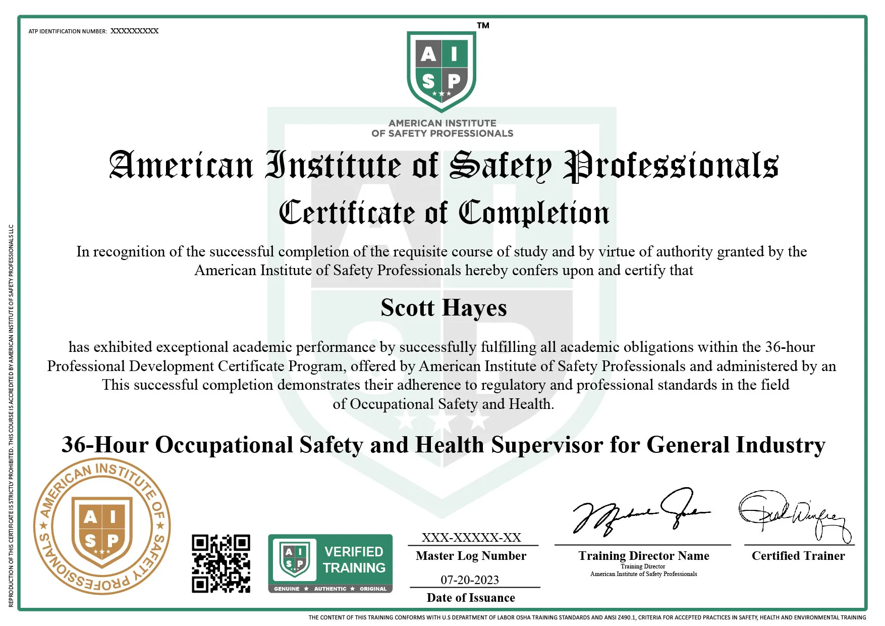Course certificate sample
