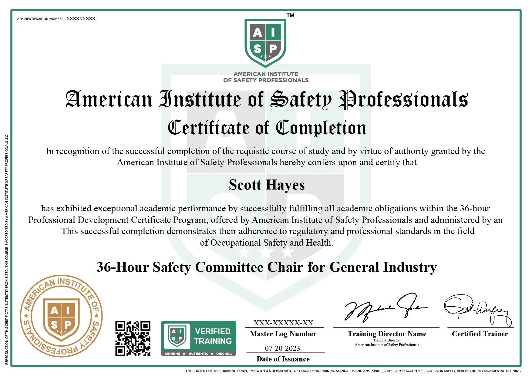 Course certificate sample