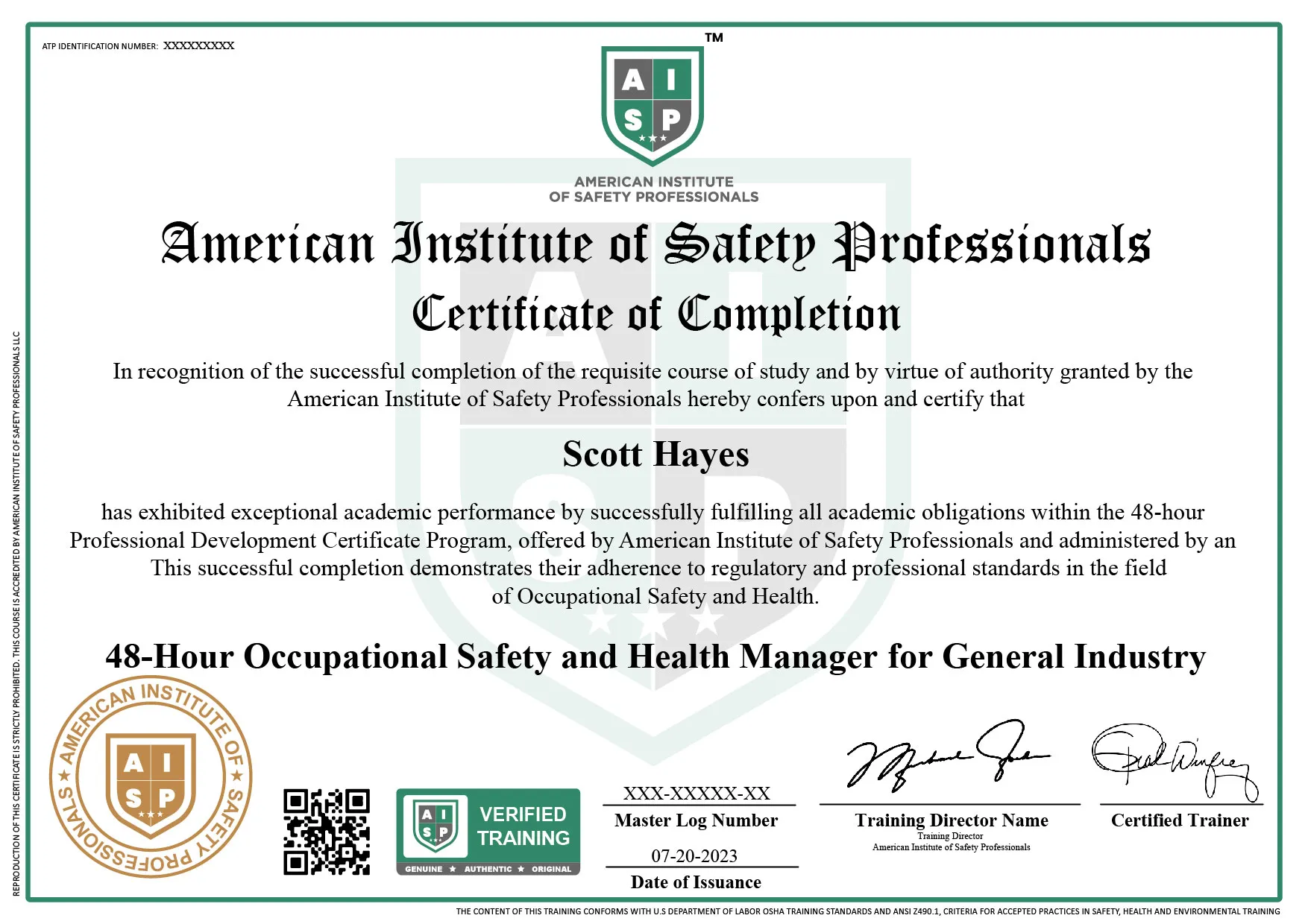 Course certificate sample